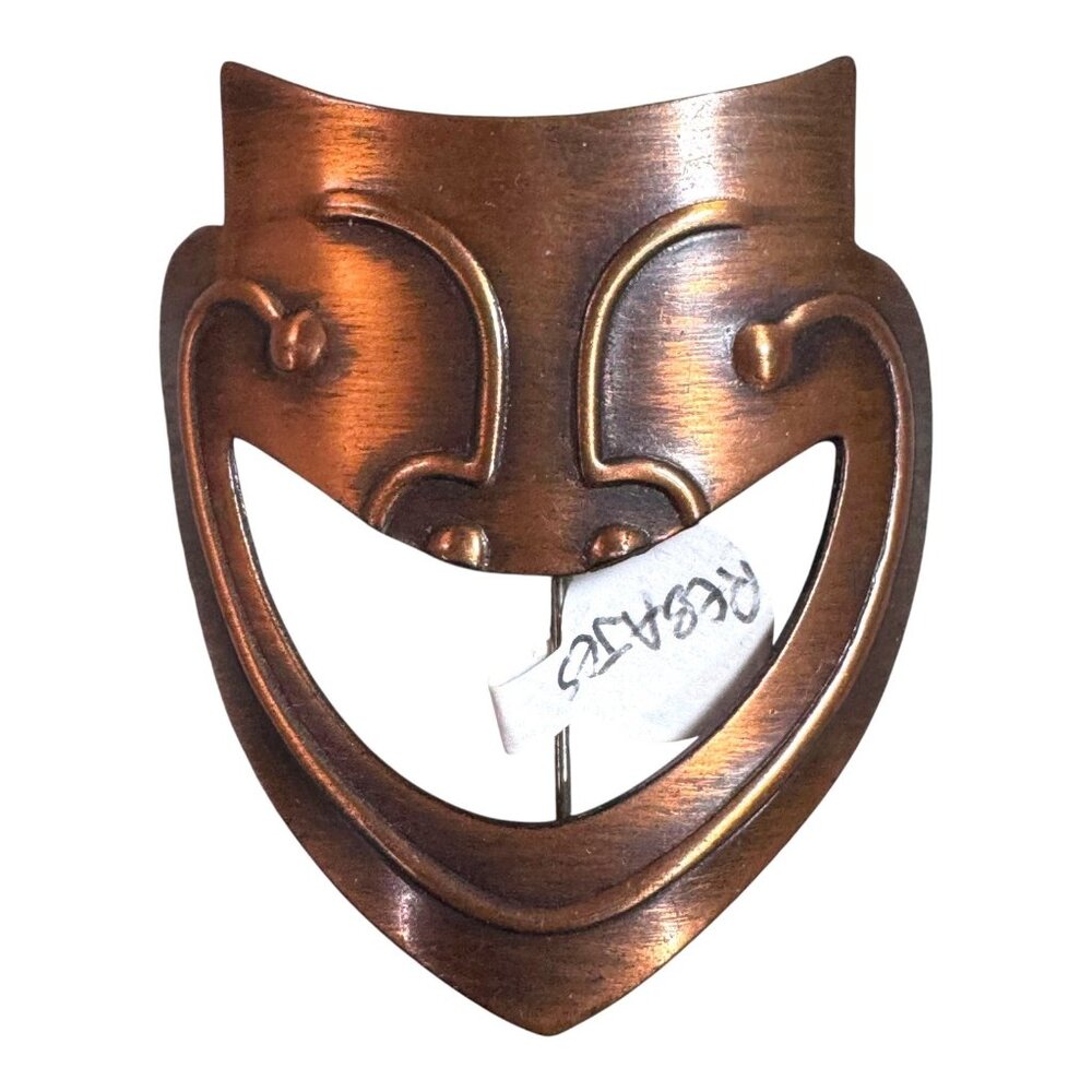 1950s Signed Rebajes Modernist Copper Comedy Mask Brooch MCM Drama Face Theatre